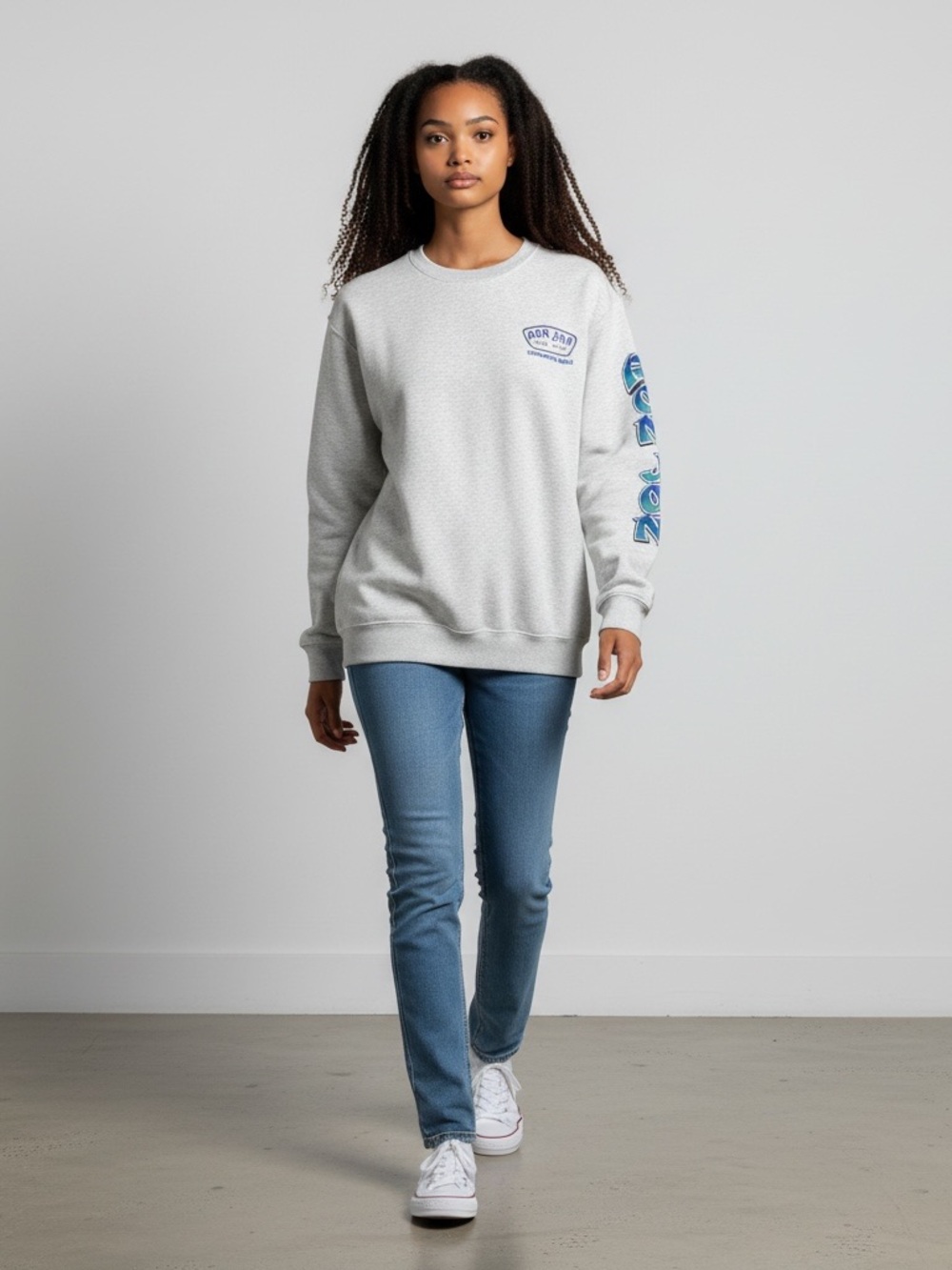 Ron Jon Light Gray Crewneck Sweater with Blue Sleeve Graphics